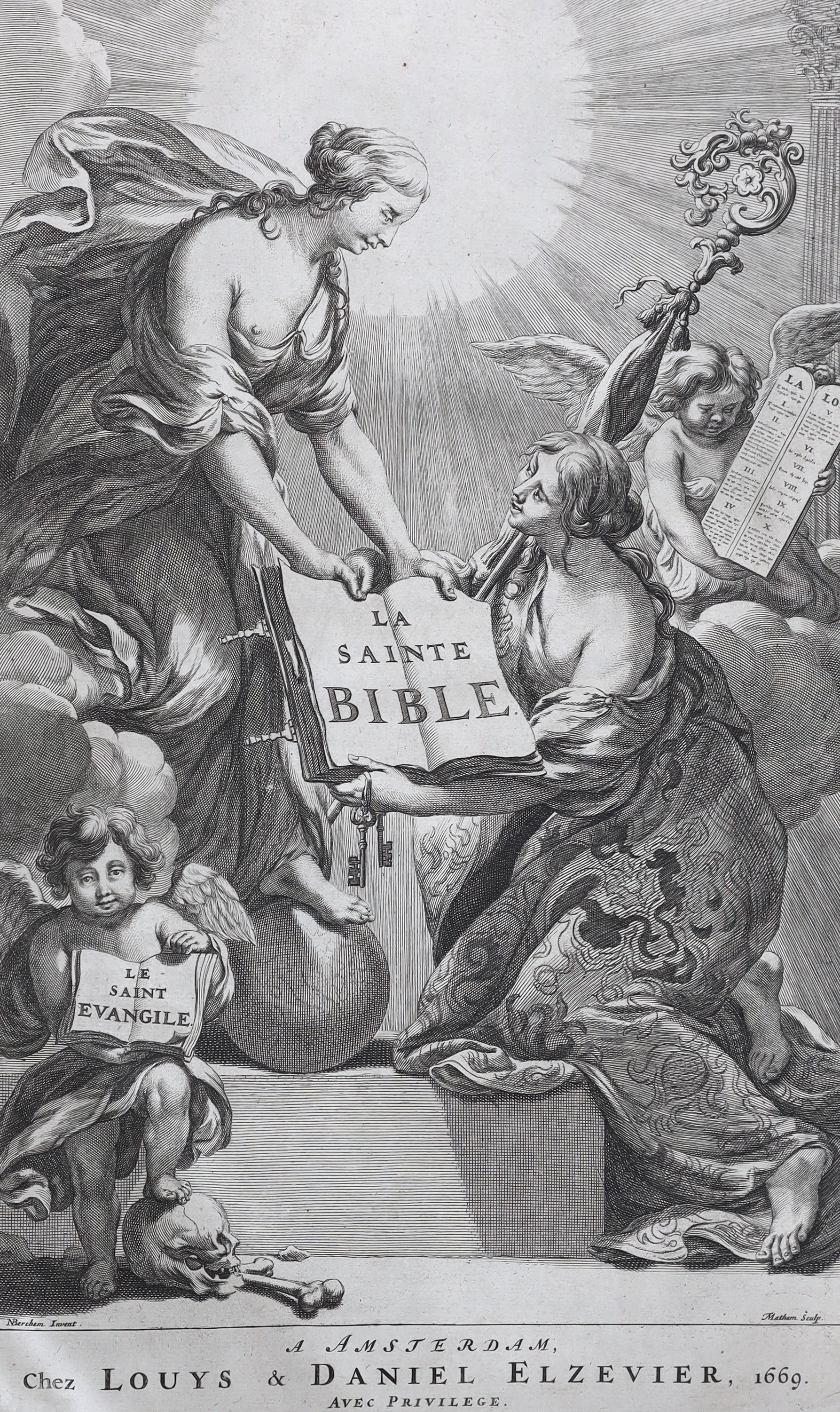 BIBLE - The Amsterdam Elzevier 1669, folio, Geneva version, bound as 2 volumes with an added Apocrypha. La Sainte Bible...edition nouvelle....reveue, and corrigee; enrichie, outre les anciennes notes, de toutes celles de